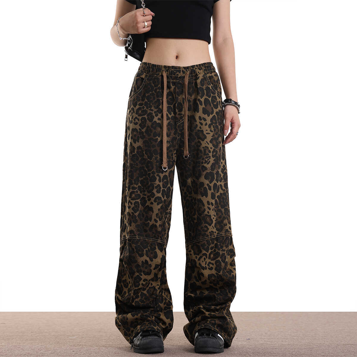 

GMXIA Leopard Print Pants Spring Straight Hip Hop Hop Cargo Casual Pants M