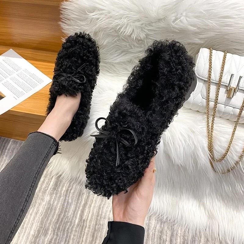 Fashion Women Winter Furry Shoes New Moccasins Soft Flat Non-slip Loafers Fashion Comfort Warm Plush Slip on Female Cotton Ballet Shoes