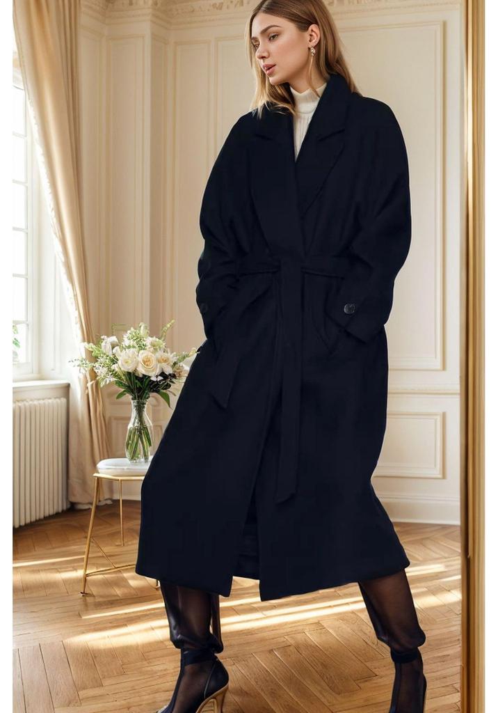 European Style Women's Long Woolen Coat - Autumn/Winter Over-the-Knee Slim Fit Lapel Jacket
