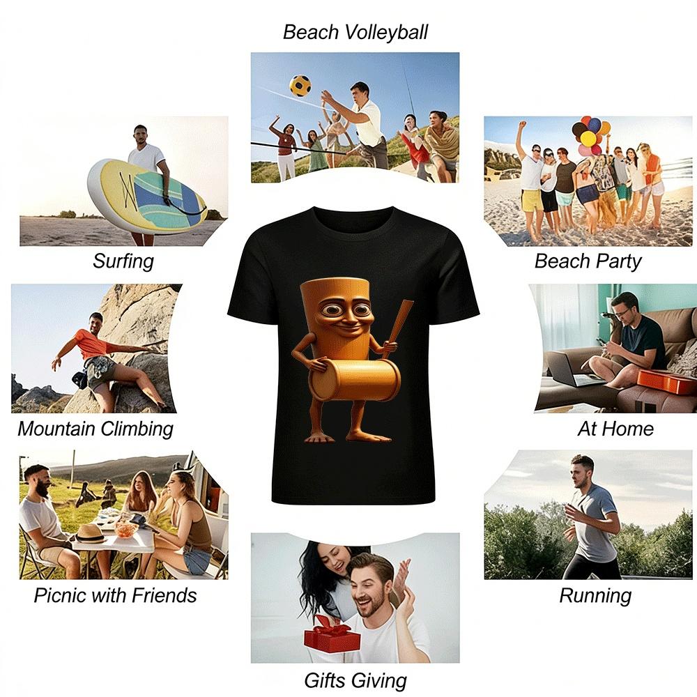 Funny Anthropomorphic Wood Man Drumming Graphic Casual T-Shirt Pure cotton T-shirt