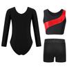 Dívčí gymnastický taneční set Dlouhý rukáv Metalický patchworkový trikot Crop top a Šortky s kamínkovým pasem