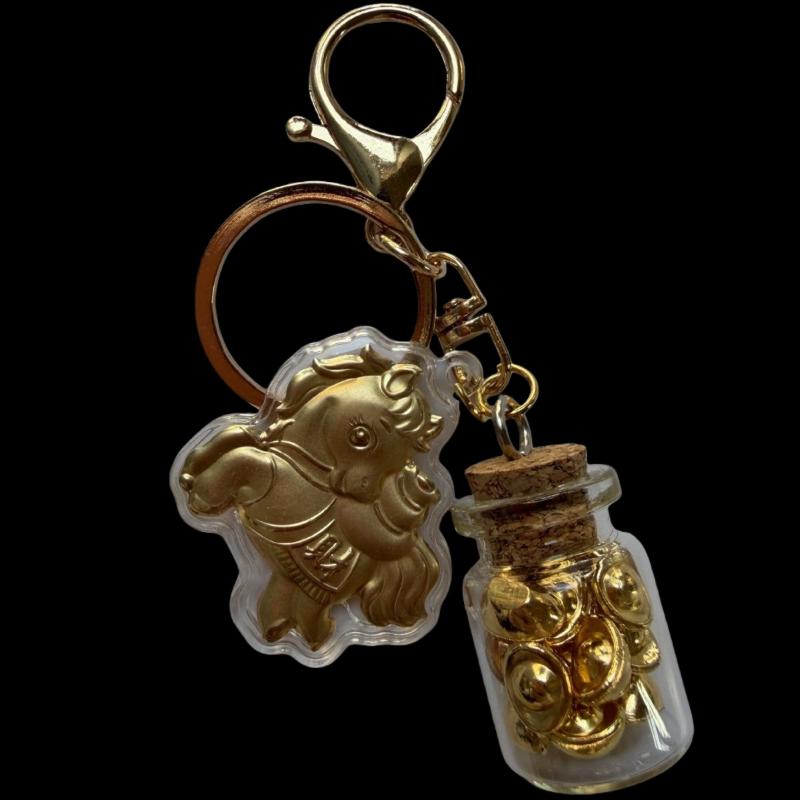Creative Year Of The Horse Imitation Gold Foil Keychain Fortune Golden Yuanbao Keyring Bag Pendant Decoration New Year Gift