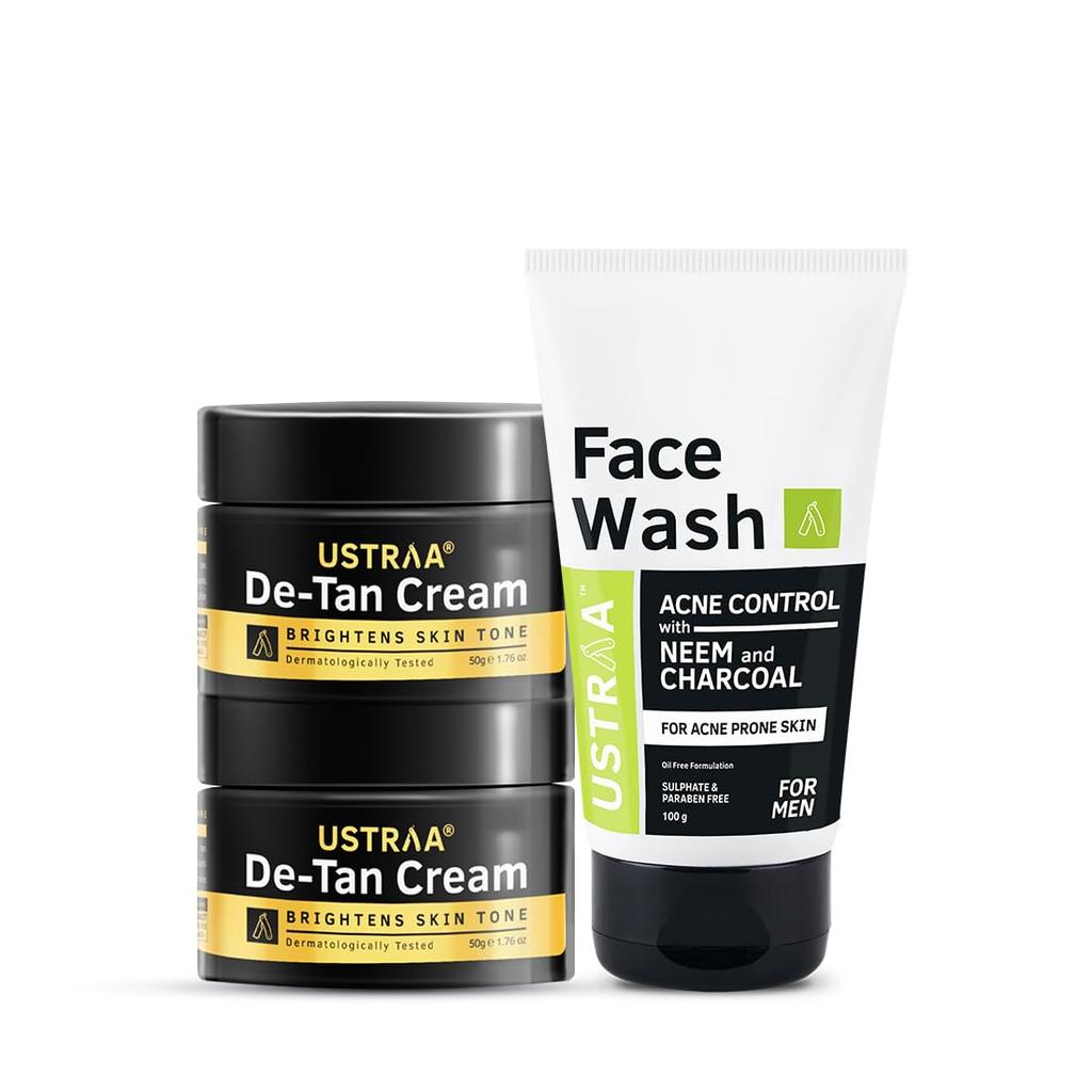 Ustraa Face Wash Acne Control - With Neem & Charcoal - 100g - Oil Control, Prevents Acne & De-Tan Face Cream For Men - 50g X 2 - (Set of 2) | Even