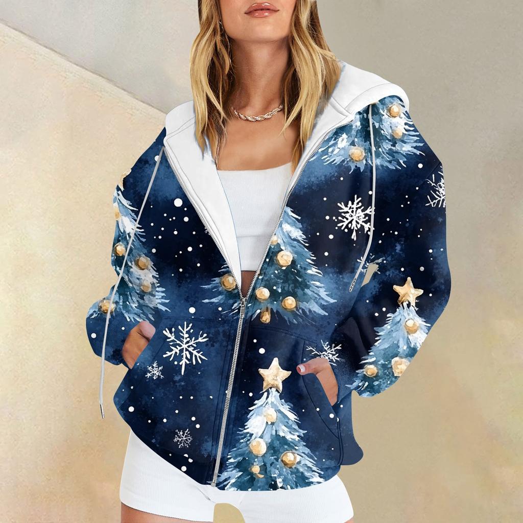 Women's Christmas Printed Sweatshirt  Winter Long Sleeve Cardigan Jacket With Pockets Zipper Hoodie Outerwear