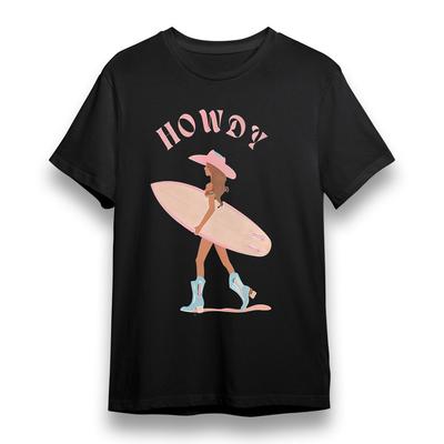 Damen Oversize T-Shirt mit Western Surf Grafik Unisex Schwarz 100% Baumwolle