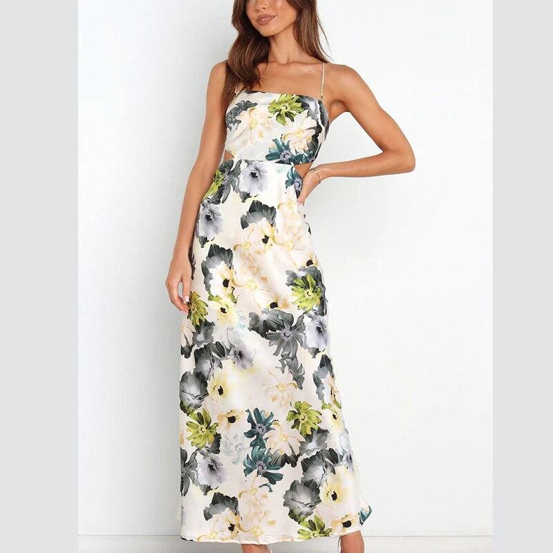 Summer Elegant Satin Floral Printed Lace Up Dress For Women Sexy Sleeveless Slim Ladies Dress Fashion Straps Sukienki 26157