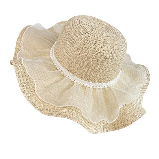 Beach Hat Natural High-Density Straw Fabric Sun Protection Wide Brim Dome Design Sun Hat Lace Bow Faux Pearls Decor Summer Hat