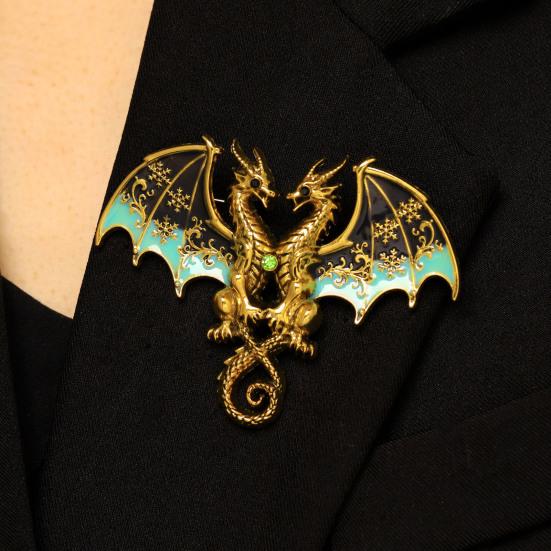 Yousheng Two-Headed Dragon Design Brooch, Gradient Enamel Electroplated Finish Safety Pin, Fade-Resistant Brooch for Suits Coats Bags