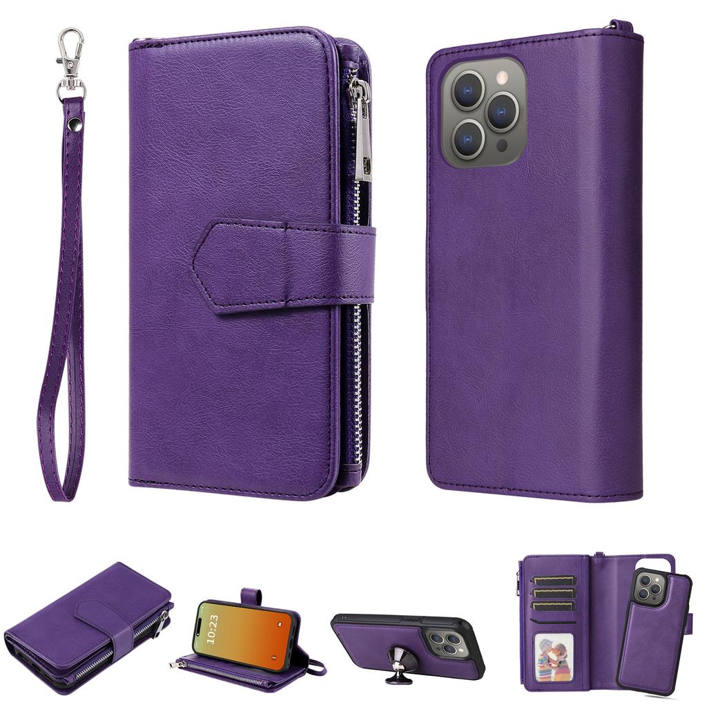 For iPhone 15 Pro Max Magnetic Leather Case Mobile Cover with Detachable Zipper Wallet Strap