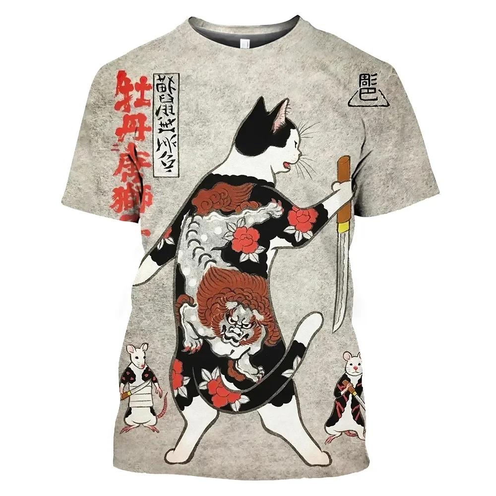 New Vintage T Shirt Men Japanese Style Short Sleeve Tops 3D Cat Tattoo Print O-neck T-shirts Oversized Tee Shirt Men Clothing