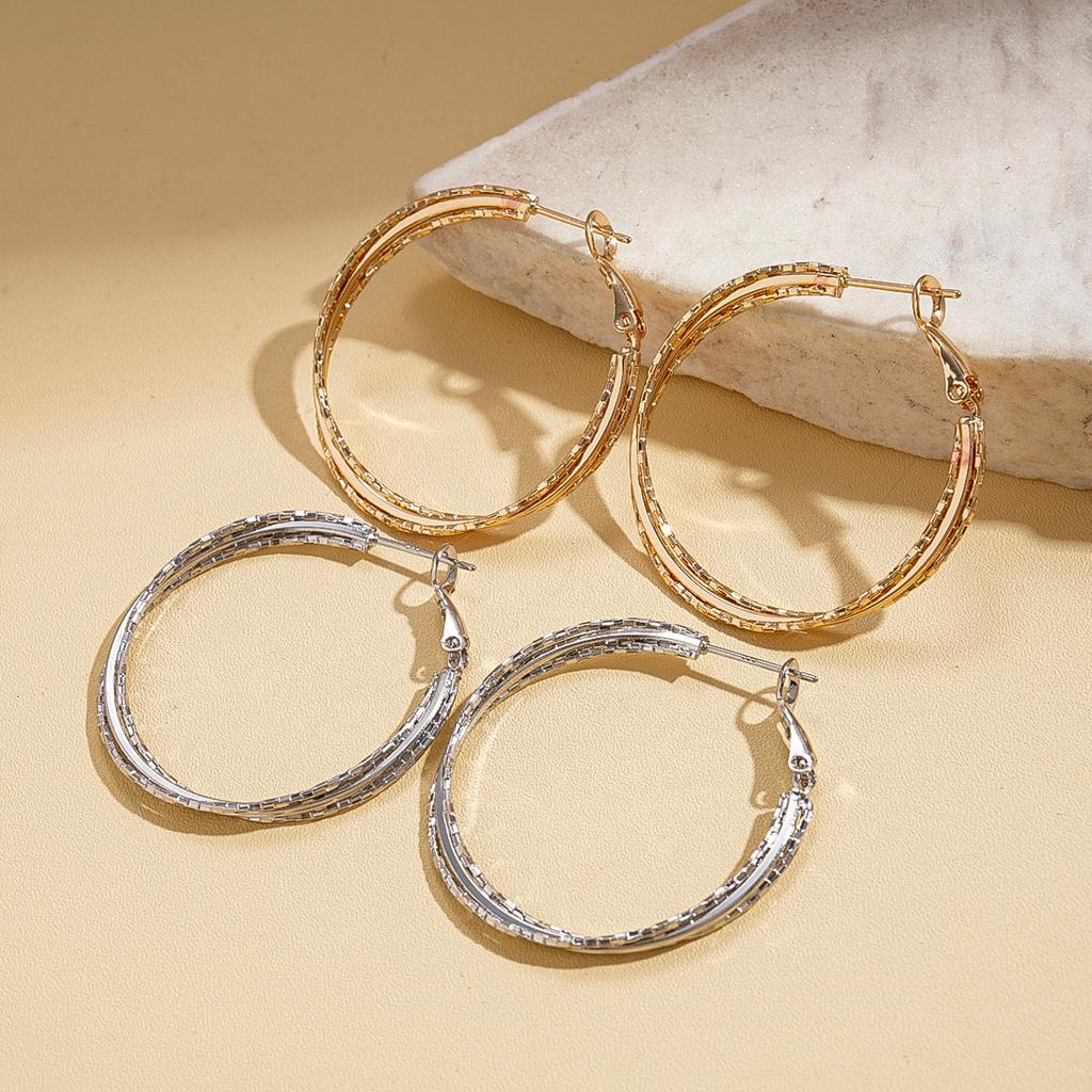Geometric Multi-Layer Cross Round Silver Needle Earrings Simple Earrings