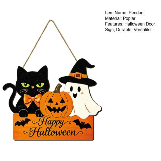 Halloween Wooden Door Sign with Hemp Rope Lanyard, Pumpkin Ghost Printed Hanging Solid Wood Festive Plaque, Front Wall Art for Porch Party Decorative