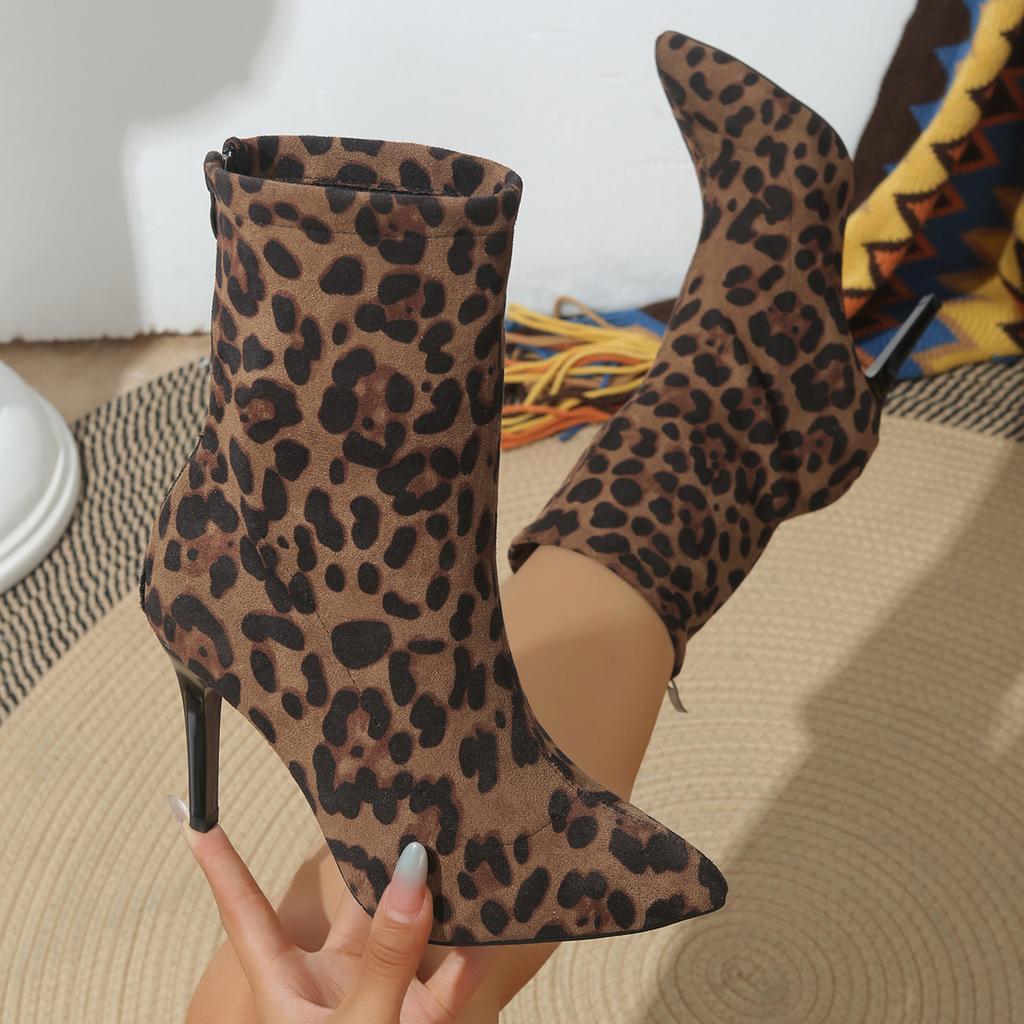 Designer Women's Pointed Toe Stiletto Ankle Boots Fashion Leopard Print Women High Heel Suede Side Zipper Boots Plus Size 42