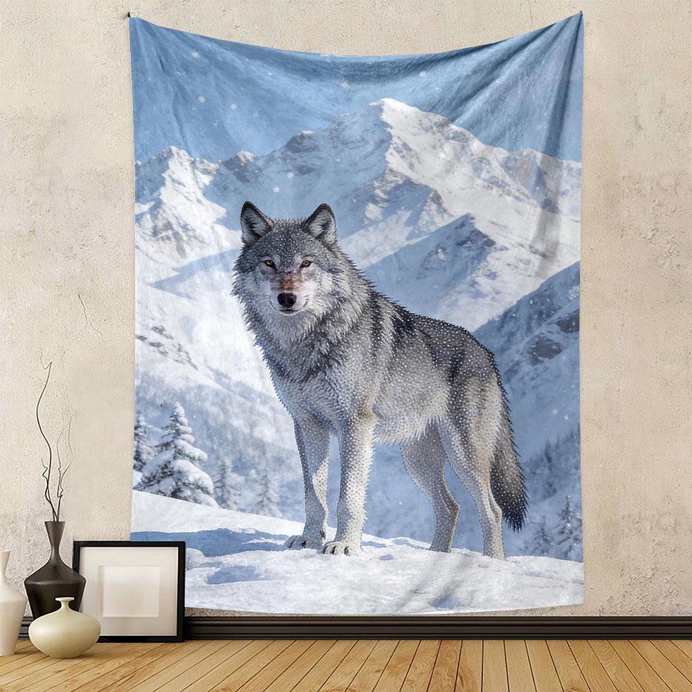 Wolf in Snowy Mountain Landscape Patterned tapestry home decor, suitable for bedroom and living room, gift