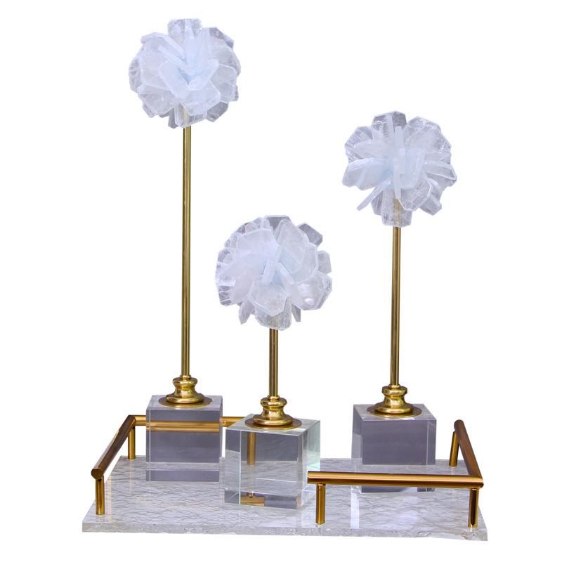 Natural Crystal Stone Crystal Flower Glass Craft Hyalinite Hand Sculpture Metal Decorative Figurines Home Decoration Accessories