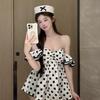 French sexy exposed collarbone polka dot tube top one-word shoulder loose straight puffy slim shirt top