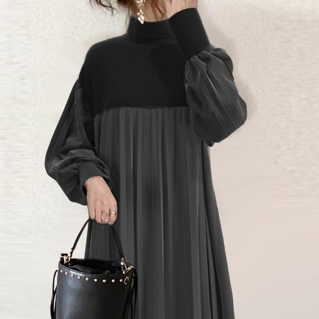 TOWYYO Docking Long Sleeve Dress with High Cute Loose Suitable for Women in Their and and Winter Women's Neck, Ruffles, Casual, Elegant, Fit,