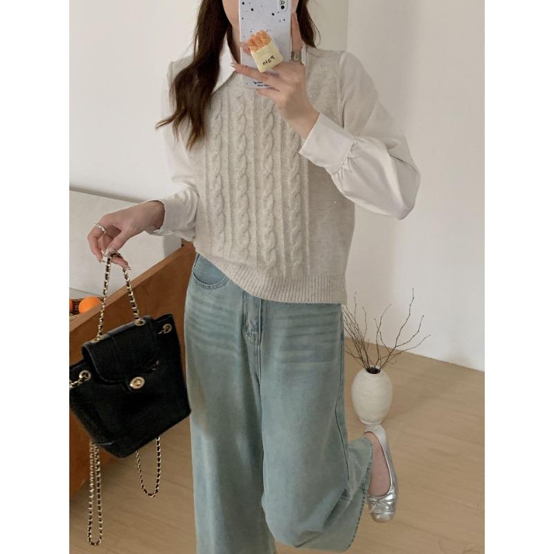 Dámské podzimní a zimní pletené vesty s kulatým límcem s kroucenými flitry