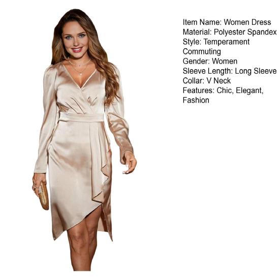 Abito da donna in raso a maniche lunghe con scollo a V, spacco, orlo arricciato, modello wrap midi, abito formale da cocktail per invitata di nozze