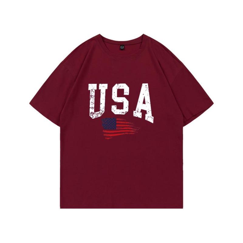 Summer Pure Cotton Short Sleeved Flag Letter Combination Printed Shoulder Down Women's T-shirt Fashionable Casual Women's Top T-Shirts Women’s