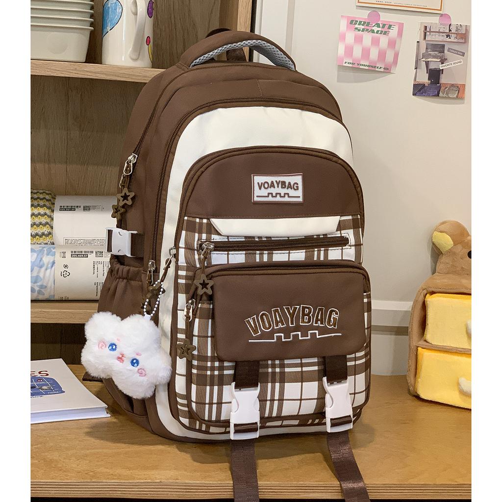 Schoolbag Korean Version Contrasting Color Plaid Backpack Female Student Schoolbag Large Capacity Lightweight Casual Backpack High Value Trend