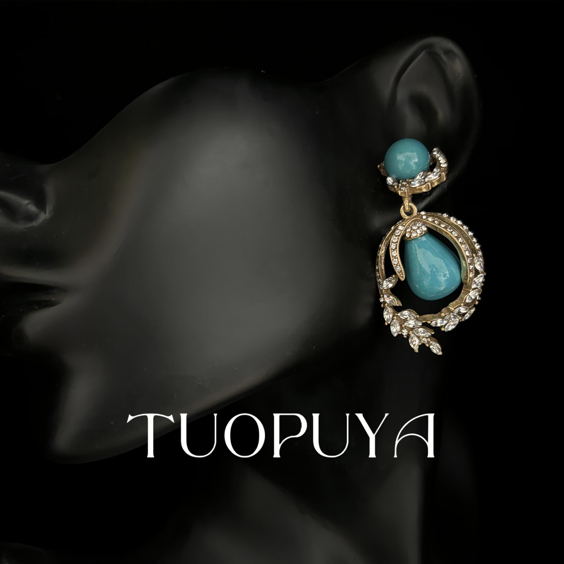 Elegant Blue Teardrop Diamond Inlaid Retro Earrings with Silver Studs