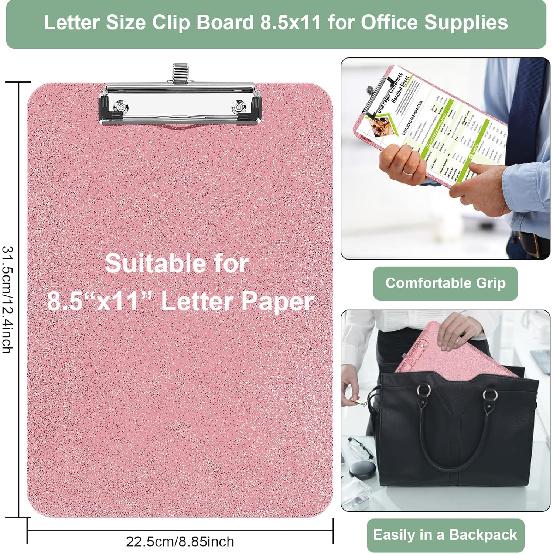 1 Pcs Clear Glitter Clipboards, Plastic Clipboard with Pen Holder, Size 8.85 x 12.4 in Shiny Clipboards with Low Profile Clip, Cute Hanging Clipboard