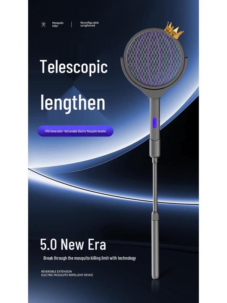 New 4-in-1 Foldable Electric Mosquito Swatter: Rechargeable Telescopic Killer Lamp & Wall-Mounted Swatter.