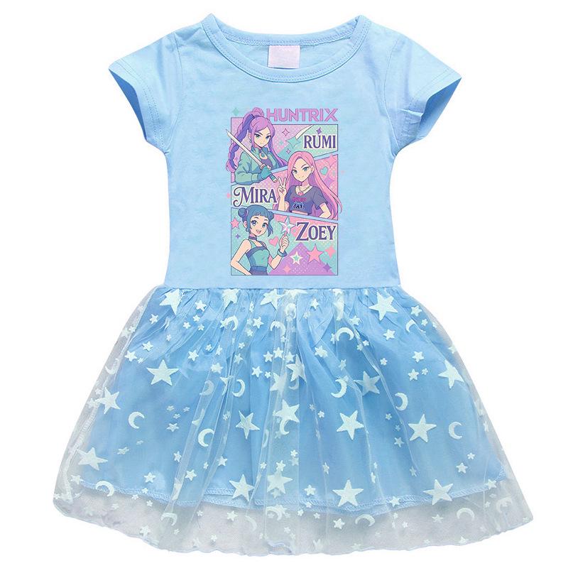 Korean Style Kpop Demon Slayer Mesh Princess Dress for Girls - Short/Long Sleeve Options