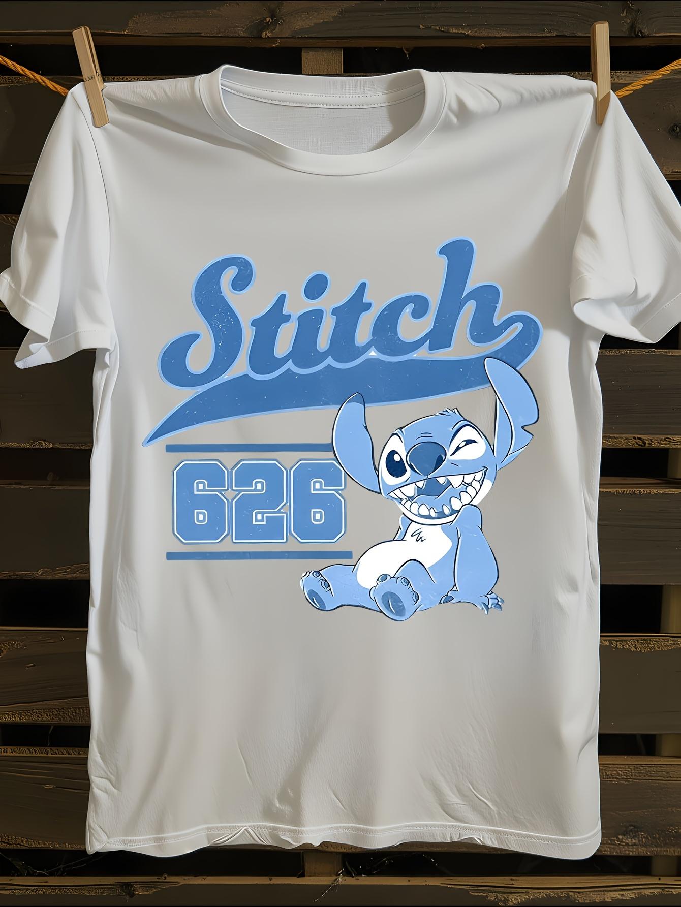 Stitch Graphic Tee Casual Blue Cartoon Print L