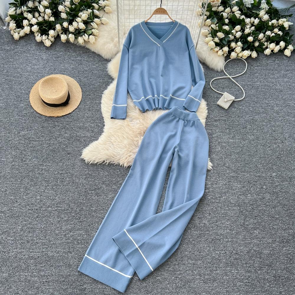 

Осінь-зима Трикотажний светр Штани Комплект із двох предметів Жіночий пуловер з v-подібним вирізом Топ і широкі штани Спортивний костюм One Size синій