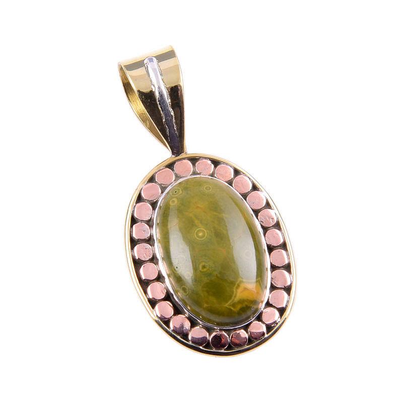 Natural Ocean Jasper 925 Solid Sterling Silver TwoTone Gift Pendant 1.25" F5j55