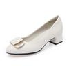 Pointed Toe Shallow Mouth Fashionable Genuine Leather Soft Sole Solid Color Thick Heel Fashionable Square Buckle Versatile Women's Shoes