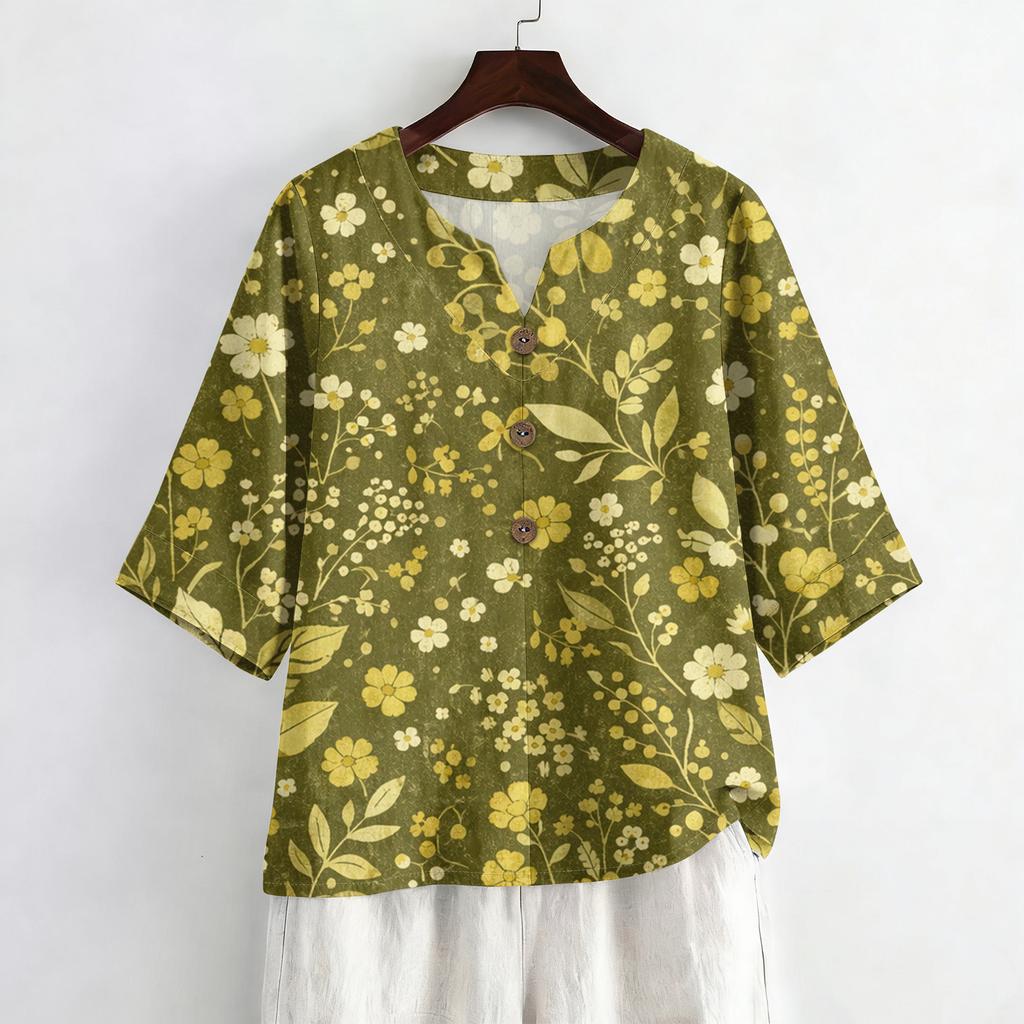 Dames Zomer Mode V-hals 3/4 Mouw Blouse Casual Losse Pasvorm Bloemenprint Top