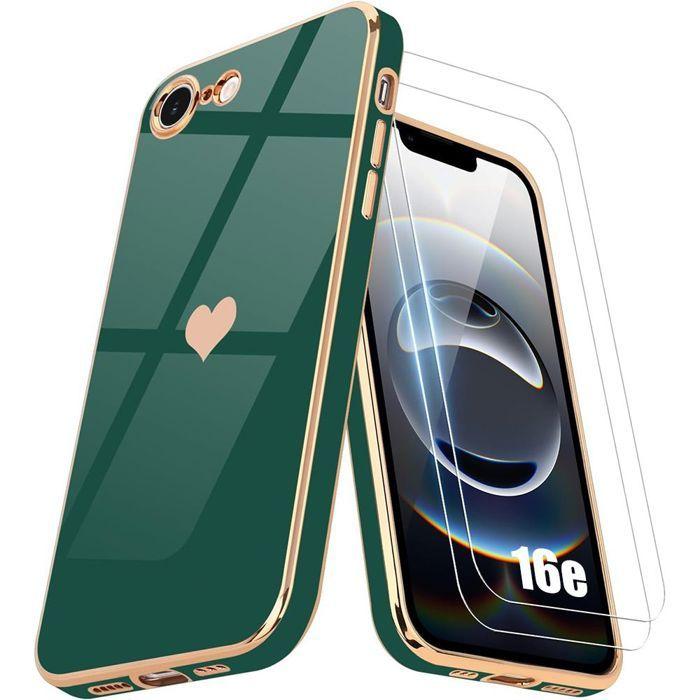 Protective Case - BOOLING - iPhone 16e - Shockproof - with 2 Tempered Glasses - Heart Pattern - Night Green