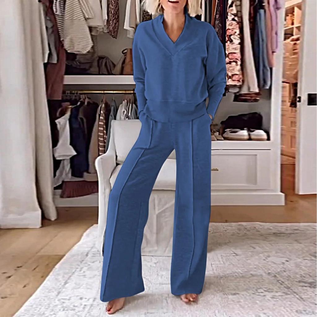 Women's Casual V-Neck Long Sleeve Loose Top Wide Leg Pants Two-Piece Set