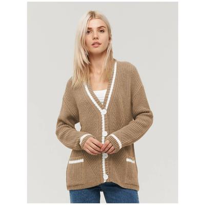 Women's Autumn and Winter Knitted Cardigan V-Neck Pocket Colour Block Long Sleeve Sweater