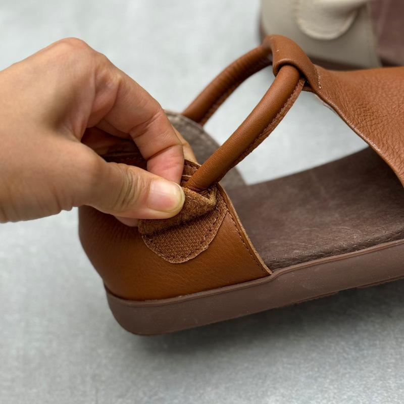 Retro Ručně vyráběné Sandály s otevřenou špičkou z pravé kůže na léto - Měkká hovězí kůže, ploché, na suchý zip, dámská obuv