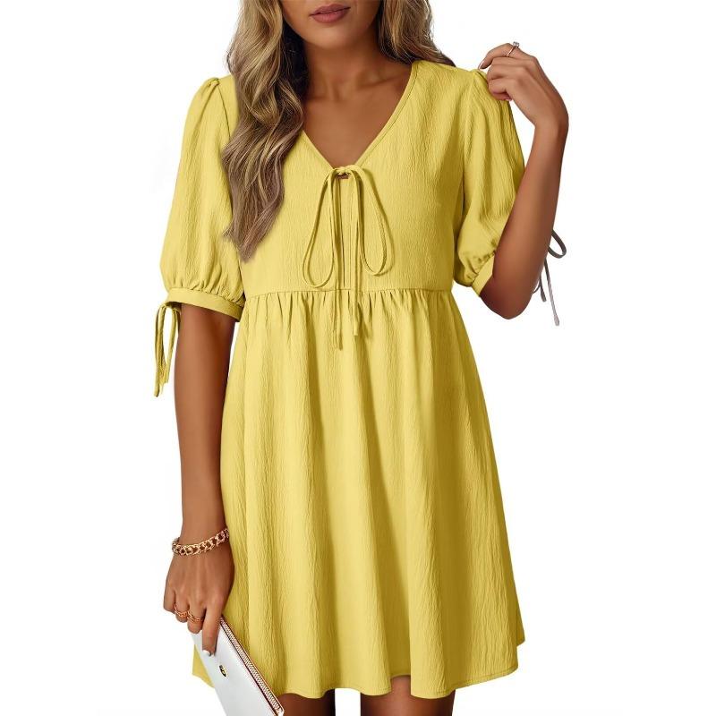 QICED Women's Fashion Summer Spring Solid Color Print Short Sleeve V-Neck Casual Dresses