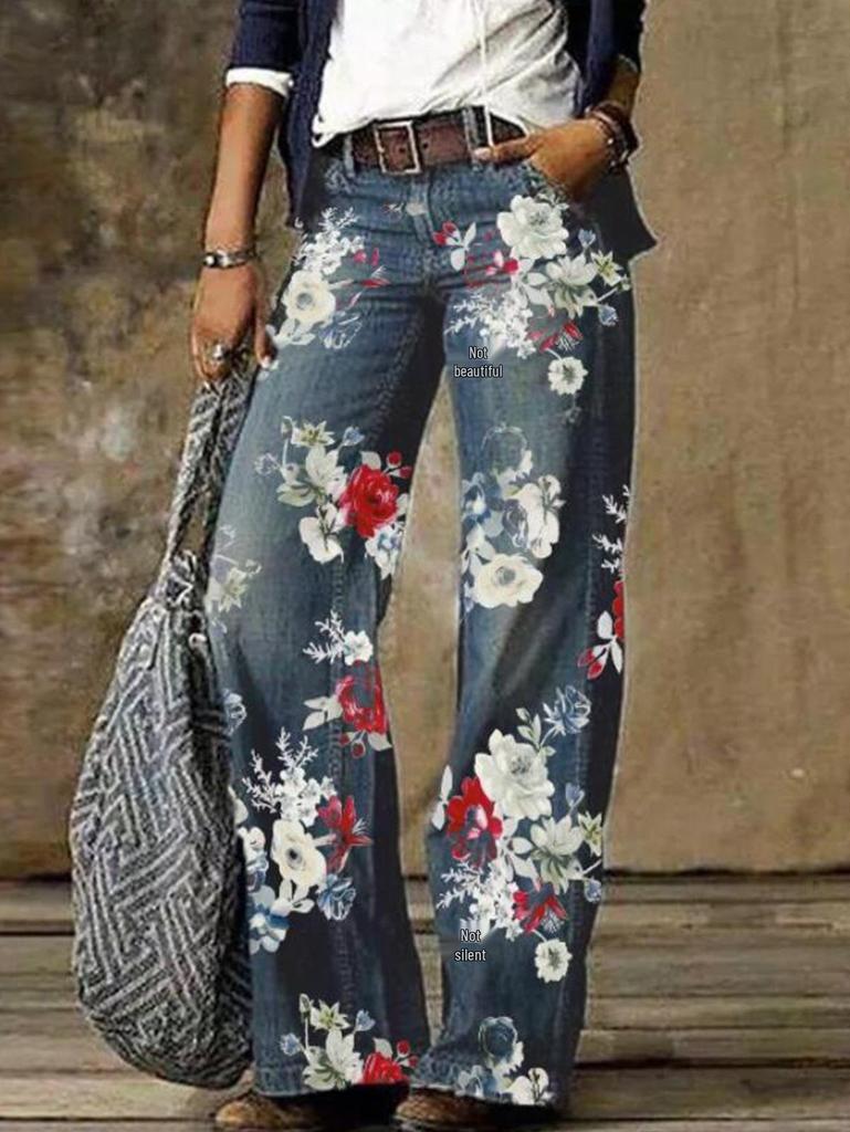 Europäische und amerikanische Übergröße Damen Casual Weitbein Imitationsjeans