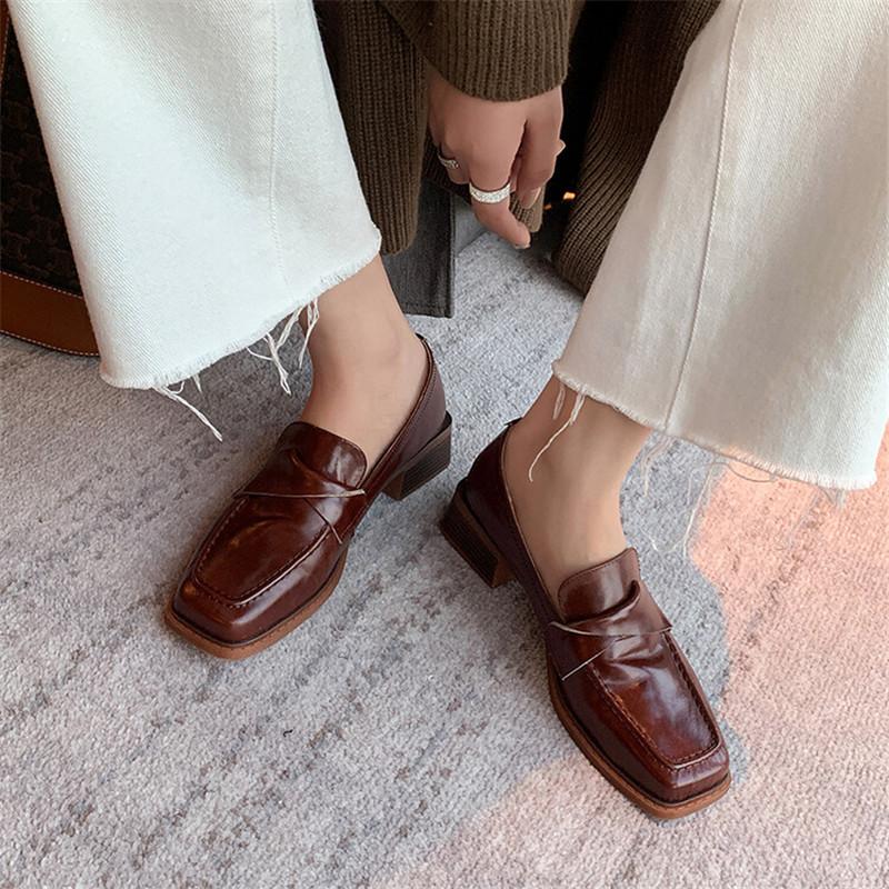 Fashion 2025 New Autumn Genuine Leather Loafers Square Toe Chunky Heels Winter Women Pumps Shoes for Women Zaptos De Mujer Brown Shoes