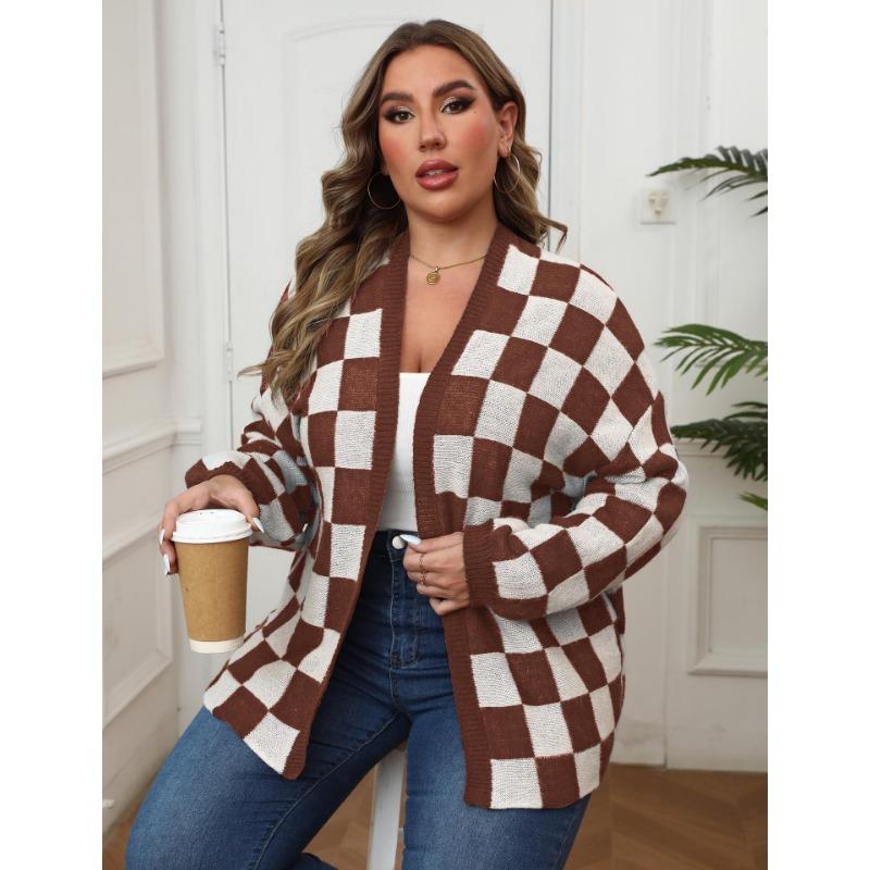 Damen S Übergröße Schachbrettmuster Farbblock Locker gestrickter Cardigan