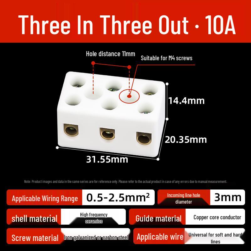 High-Temperature Ceramic Terminal Block, 2-In/2-Out Wire Connector