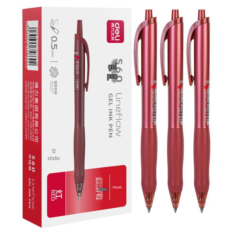Deli S60 Retractable Red Gel Pen (0.5mm, 12-Pack)