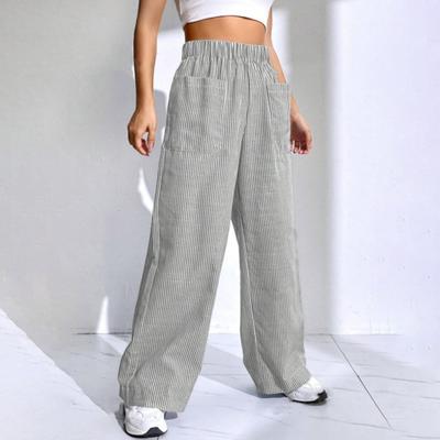 Damenhose, elastischer Bund, mittelhoher Schnitt, weites Bein, lange Hose mit Taschen, karierter Aufdruck, bequeme Freizeithose