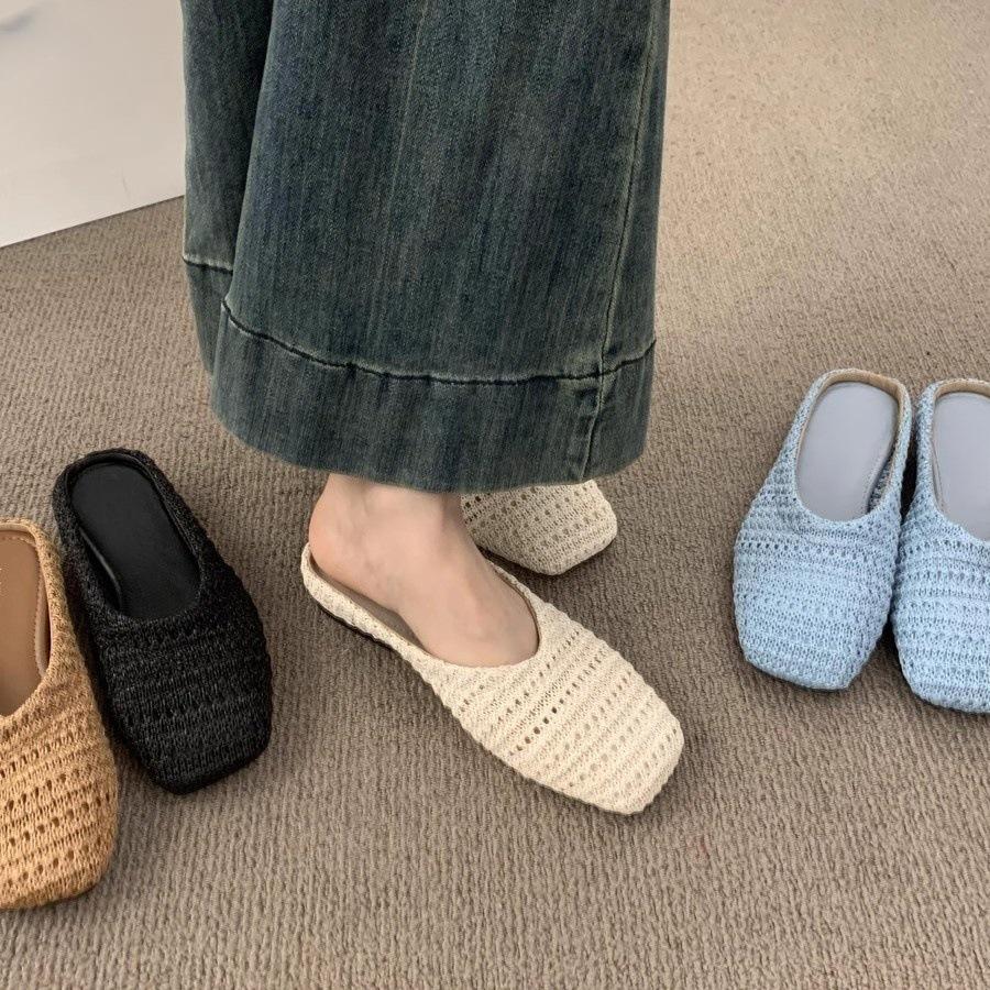 French niche breathable woven bag head half slippers women's summer wear lazy one pedal casual flat sandals shoes
