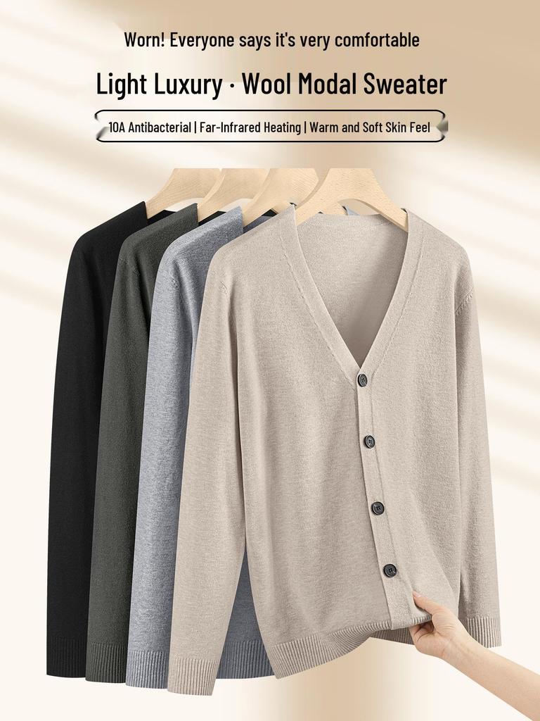 Herren V-Ausschnitt Strickjacke aus Wolle und Modal: Herbst/Winter Business Pendler Pulloverjacke