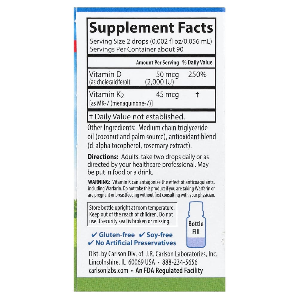 Carlson Labs Super Daily D3 + K2 Veggie Drops, 90 Count, 2.54ml (0.086 fl oz)