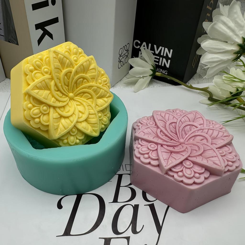 Hexagon Classical Pattern Soap Mold Candle Wax Molds,Decorated Epoxy Resin Aroma Plaster Diffuser Mould,DIY Silicone Mould for Handmade Soap Making