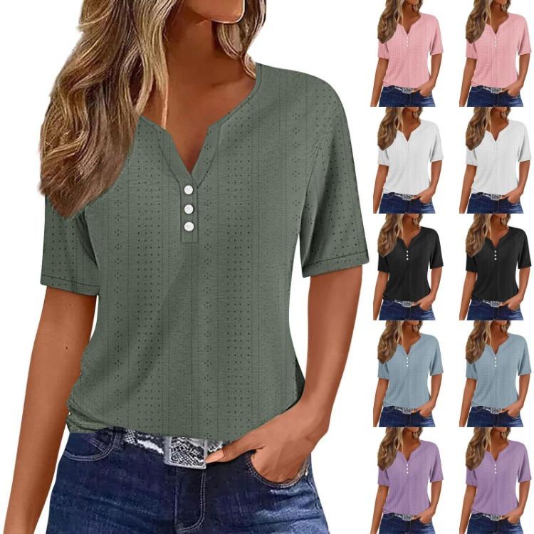 Women Casual V Neck Short Sleeve Solid Button T Shirt Top Tee
